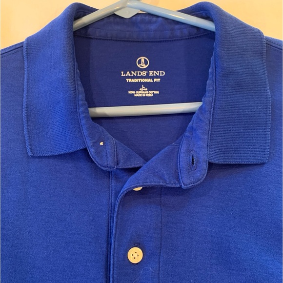 Lands' End Shirts Mens Lands End Pima Cotton Polo Shirt Cobalt Blue Short Sleeve Banded L